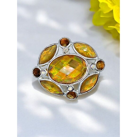Citrine Jeweled Brooch Vintage Fire Gem AB Faceted Yellow Estate Jewelry Pin - Picture 1 of 9